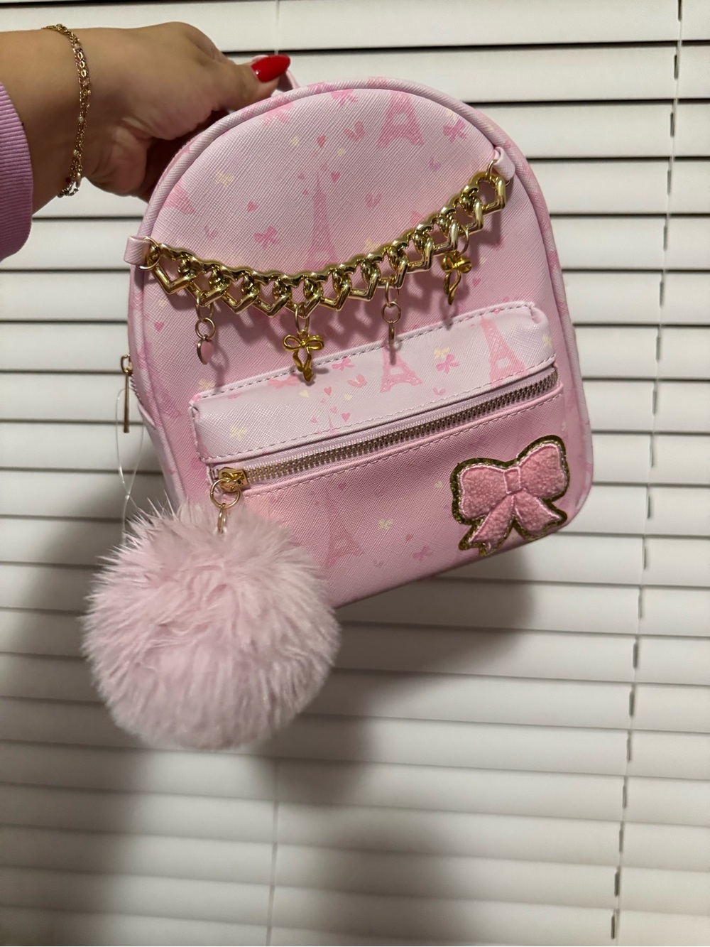 Kids Pink Mini Backpack with Gold Chain and Pom Pom - Picture 2 of 4